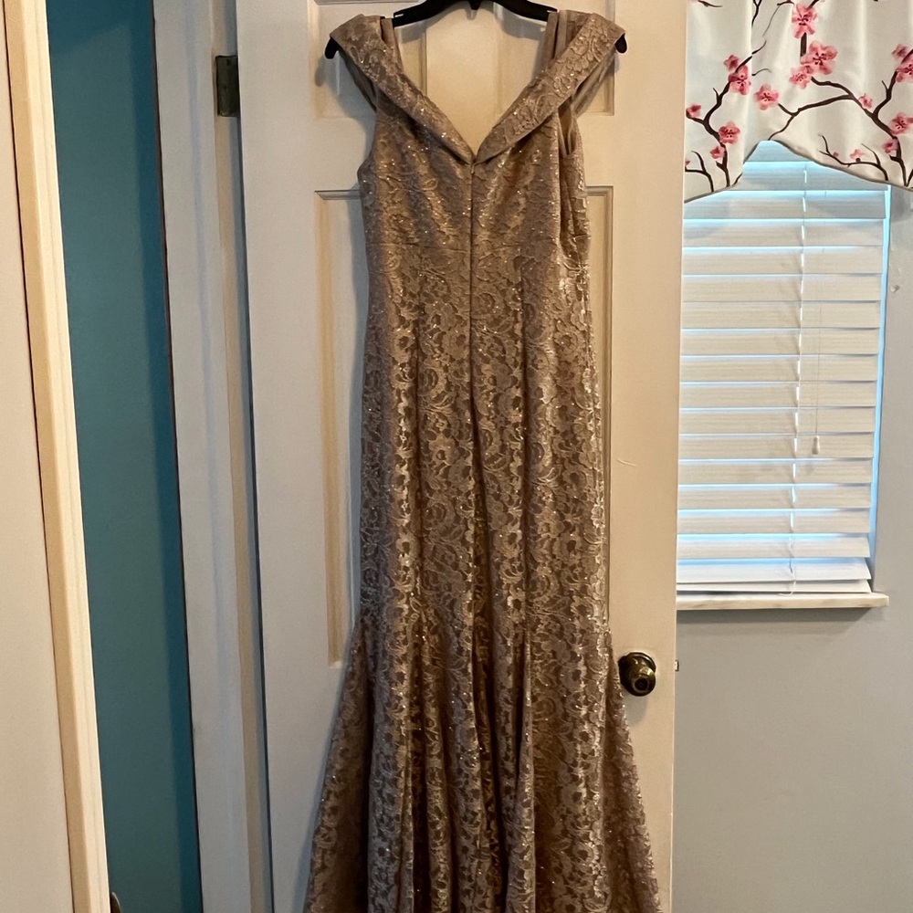 R&M Richards Gold Sequin Off the Shoulder Gown